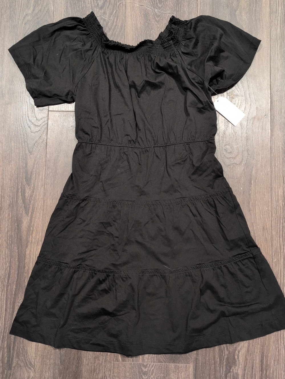 Time & Tru Women's Small Black Solid Square Neck Puff Sleeve Smocked Dress NWT